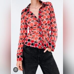 ZARA - Red & Black Rushed Mesh/Sheer Button-Down Blouse